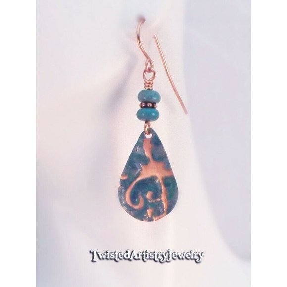 Turquoise and Enameled Copper Teardrop Earrings One-Of-A-Kind Handmade - Picture 2 of 3